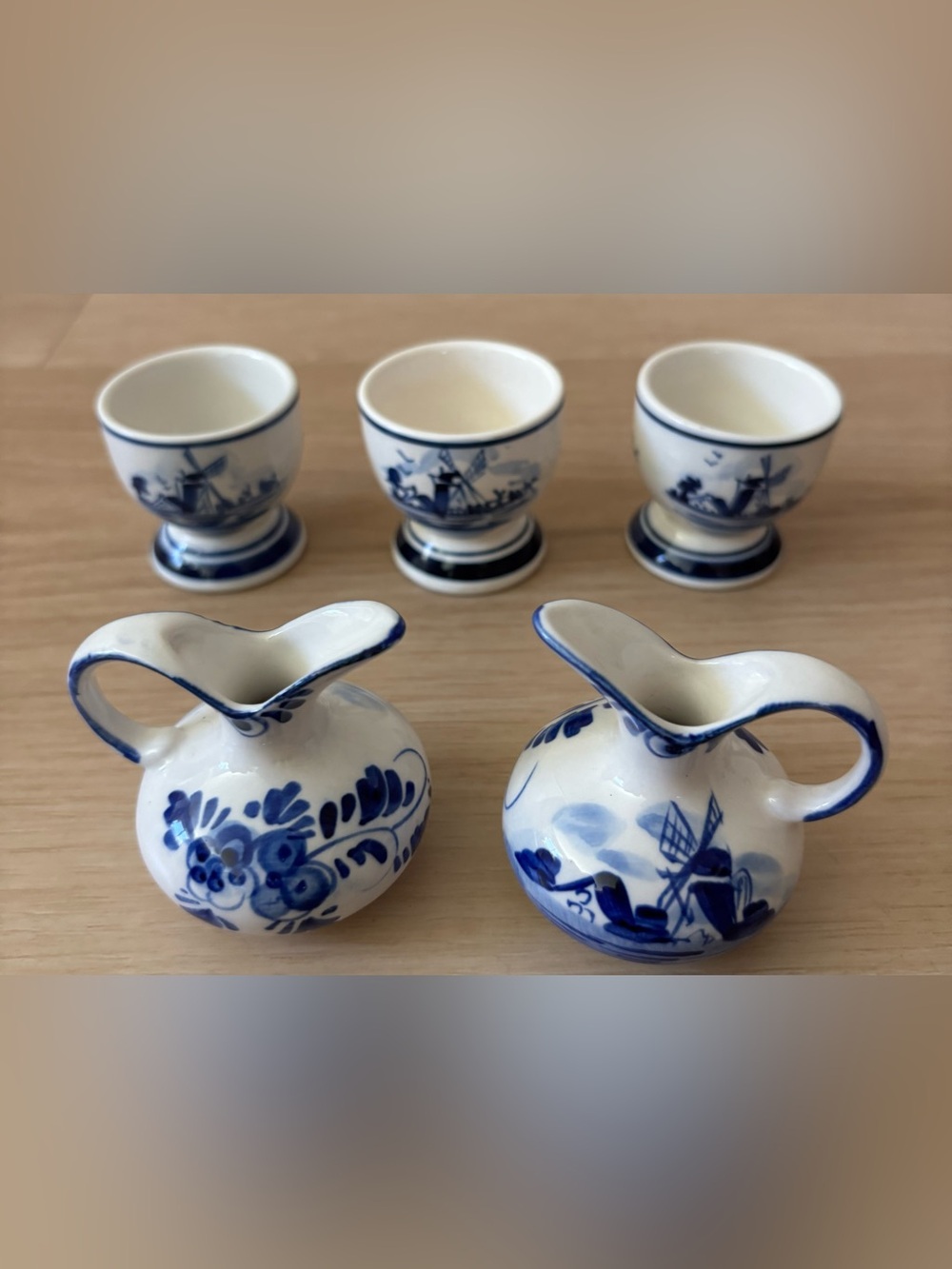 Delft Blue and White Ceramic Egg Cups and Miniature Creamers.  Great shape!
